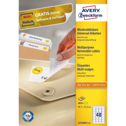 Etikett címke, 45,7 x21,2mm, univerzális visszaszedhető, 48 címke/ív, 100 ív/doboz, Avery fehér Etikett - címke Avery