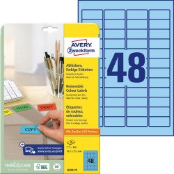 Etikett címke, 45,7 x21,2mm, univerzális visszaszedhető, 48 címke/ív, 20 ív/doboz, Avery kék