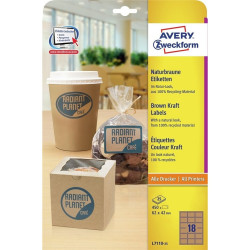 Etikett címke, 62 x42mm, környezetbarát 18 címke/lap, 25 lap/doboz, Avery barna Etikett - címke Avery