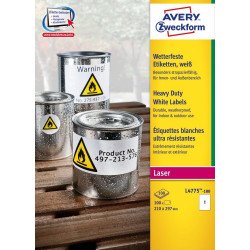 Etikett címke, 210 x297mm, időjárásálló poliészter, 1 címke/ív, 100 ív/doboz, Avery fehér Etikett - címke Avery