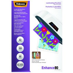 Lamináló fólia, A4, 80 mikron, fényes, öntapadó hátlappal, 100 db/doboz, Fellowes® Irodatechnika, kellékei Fellowes