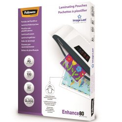 Lamináló fólia, A5, 80 mikron, fényes, 100 db/doboz, Fellowes® Irodatechnika, kellékei Fellowes