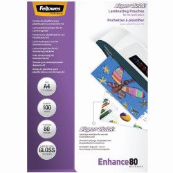 Lamináló fólia, A4, 80 mikron, fényes, 100 db/doboz, SuperQuick Fellowes® Irodatechnika, kellékei Fellowes