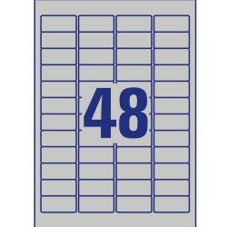 Etikett címke, 45,7 x21,2mm, ipari poliészter, 48 címke/ív, 20 ív/doboz, Avery ezüst