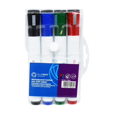 Táblamarker készlet, 3mm, mágneses, törlővel multifunkciós kerek Bluering®, 4 klf. szín