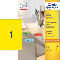 Etikett címke, 210x297mm, 3473 1 címke/ív 100ív/doboz, Avery sárga Etikett - címke Avery