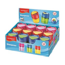 Hegyező 2 lyukú tartályos, fedeles, fém belsővel 12 db/display Keyroad Robby vegyes színek
