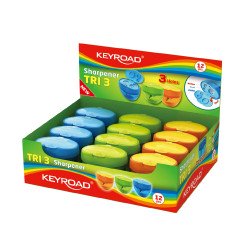 Hegyező 3 lyukú tartályos, fedeles 12 db/display Keyroad Tris vegyes színek Hegyező Keyroad
