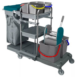 Takarítókocsi króm vázas 2 x 18 liter és 4 x 5 liter moppréssel eszköz- és zsáktartóval textil zsákkal KA405FK