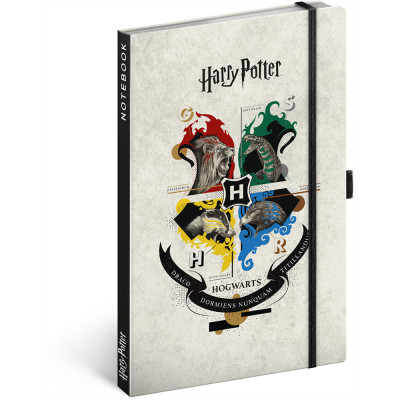 Keménytáblás notesz krémszínű lapokkal leszorító gumiszalaggal Harry Potter-Hogwarts 130x210mm, Presco