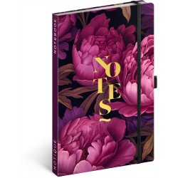 Keménytáblás notesz krémszínű lapokkal leszorító gumiszalaggal Purple Flowers 130x210mm, Presco Író- irodaszer, papíráru Presco