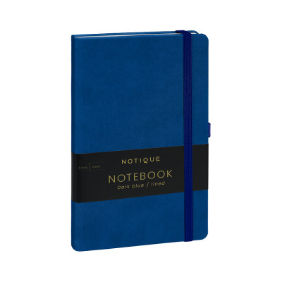 Keménytáblás notesz vonalas krémszínű lapokkal leszorító gumiszalaggal Dark blue 130x210mm, Presco