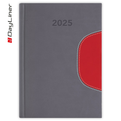 Határidőnapló Memphis A5 napi, fehér lapokkal szürke-piros Dayliner 2026.