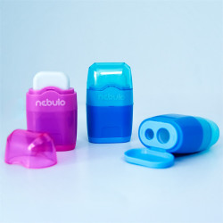 Hegyező 2 lyukú műanyag, tartályos+radír egyben 12 db/doboz, Nebulo vegyes színek Hegyező Nebulo