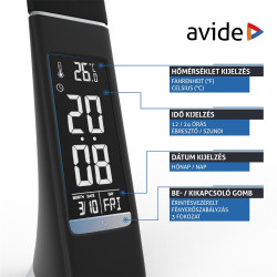 Asztali LED lámpa, kijelzős, 6W, 5000K, AVIDE, fekete