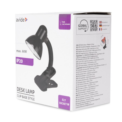 Asztali lámpa, Basic csiptethető, max. 60W, AVIDE, fekete