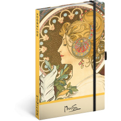 Keménytáblás notesz krémszínű lapokkal, pontozott, leszorító gumiszalaggal Alphonse Mucha – Feather 130x210mm, Presco Író- irodaszer, papíráru Presco