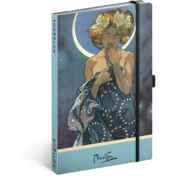Keménytáblás notesz krémszínű lapokkal, pontozott, leszorító gumiszalaggal Alphonse Mucha – Luna 130x210mm, Presco Író- irodaszer, papíráru Presco