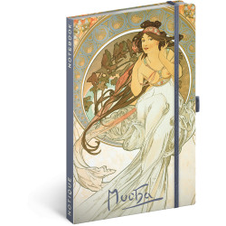 Keménytáblás notesz krémszínű lapokkal, vonalas, leszorító gumiszalaggal Alphonse Mucha – Music 130x210mm, Presco Író- irodaszer, papíráru Presco