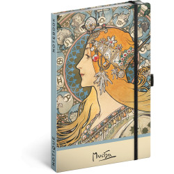 Keménytáblás notesz krémszínű lapokkal, pontozott, leszorító gumiszalaggal Alphonse Mucha – Zodiac 130x210mm, Presco Író- irodaszer, papíráru Presco